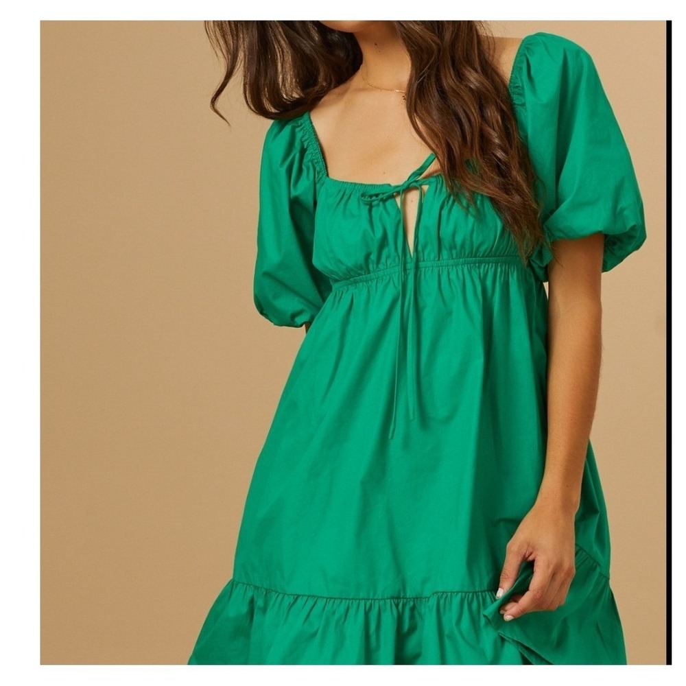 Altar'd State Green Puff Sleeve Babydoll Dress Smocked Back Mini XXS